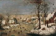 Winter landscape with ice skaters and a bird trap., Pieter Brueghel the Younger